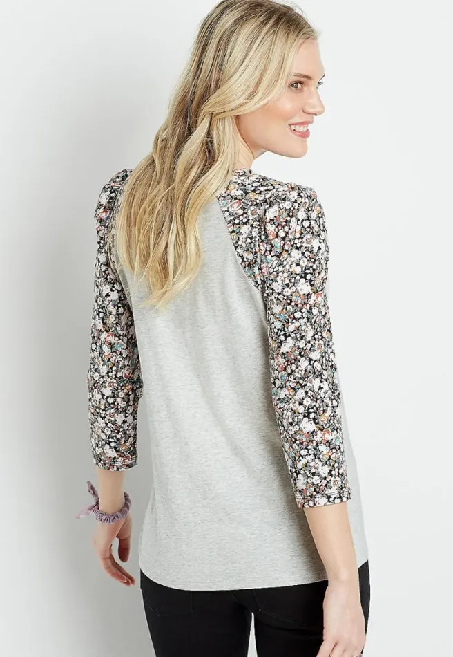 247 Gray Floral Puff Sleeve Baseball Tee Women Maurices Tops