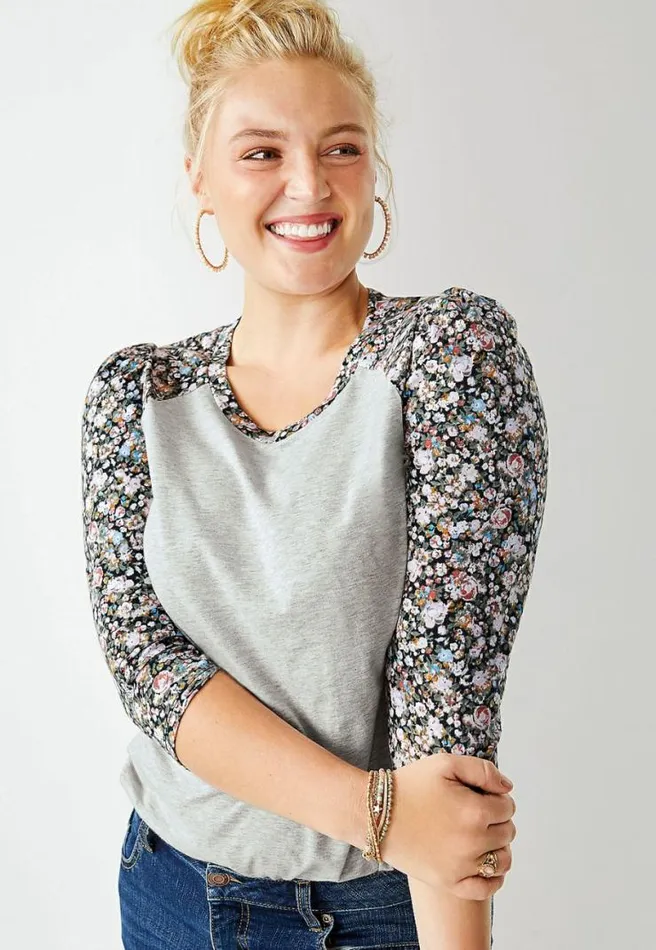 247 Gray Floral Puff Sleeve Baseball Tee Women Maurices Tops