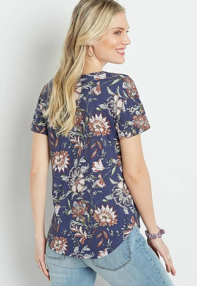 247 Navy Floral Striped Drop Shoulder Classic Tee Women Maurices Tops