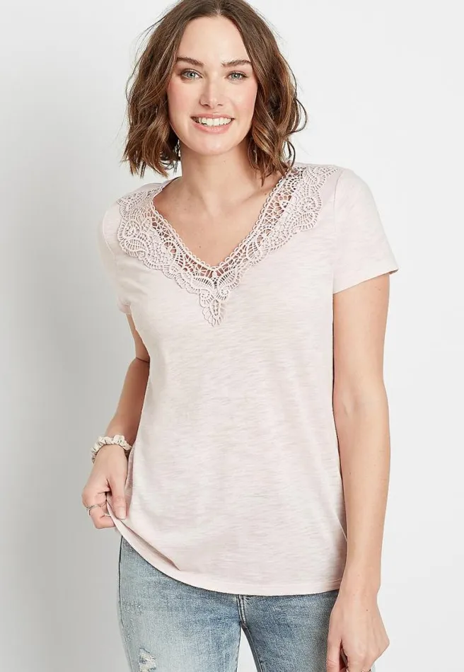 247 Solid Lace Trim V Neck Tee Women Maurices Tops