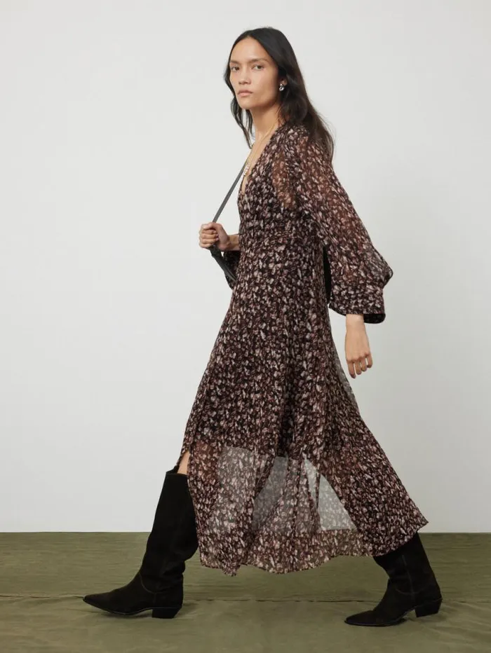 Abstract Leopard Midi Dress Brown Women Jigsaw Dresses and Jumpsuits