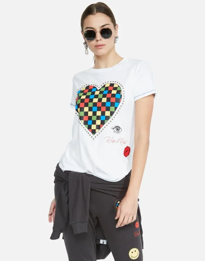Aviana Rad Checkered Heart White Women Lauren Moshi Short Sleeve