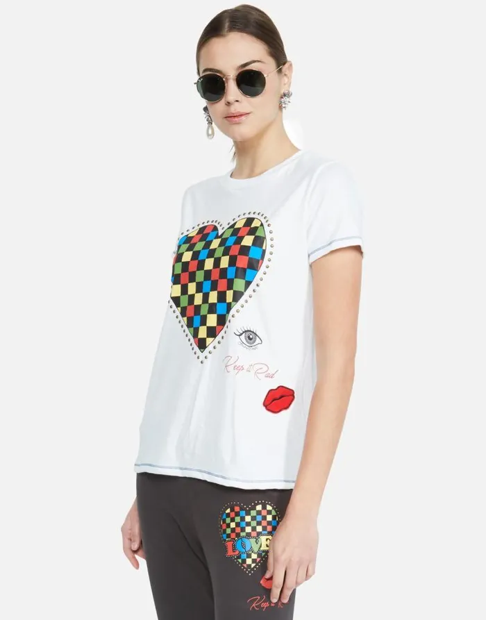 Aviana Rad Checkered Heart White Women Lauren Moshi Short Sleeve