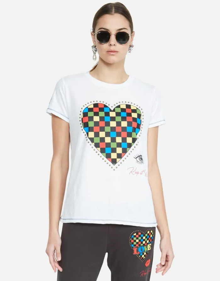 Aviana Rad Checkered Heart White Women Lauren Moshi Short Sleeve