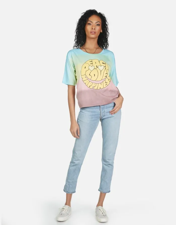 Barbie Text Happy Face Rainbow Ombre Women Lauren Moshi Short Sleeve