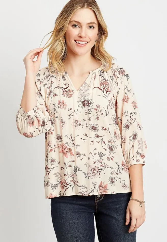 Beige Floral 34 Sleeve Peasant Top Women Maurices Tops