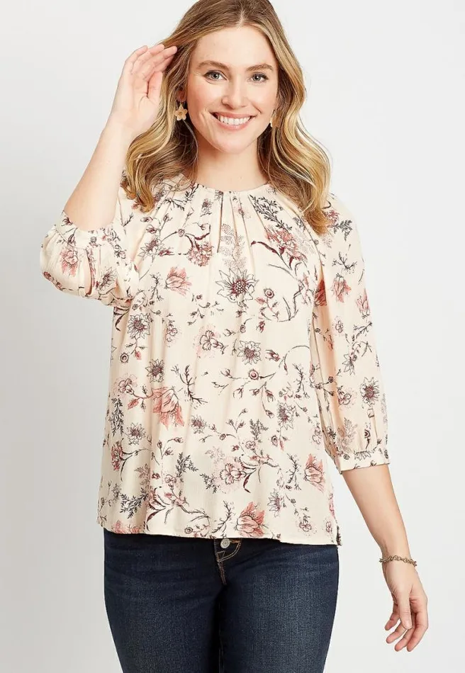 Beige Floral 34 Sleeve Peasant Top Women Maurices Tops