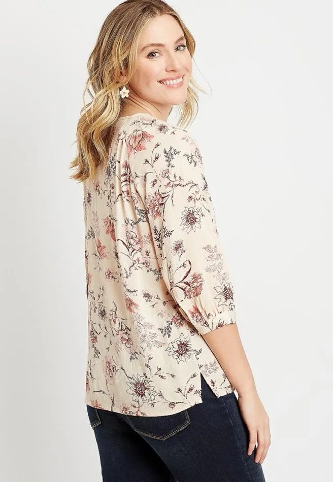 Beige Floral 34 Sleeve Peasant Top Women Maurices Tops
