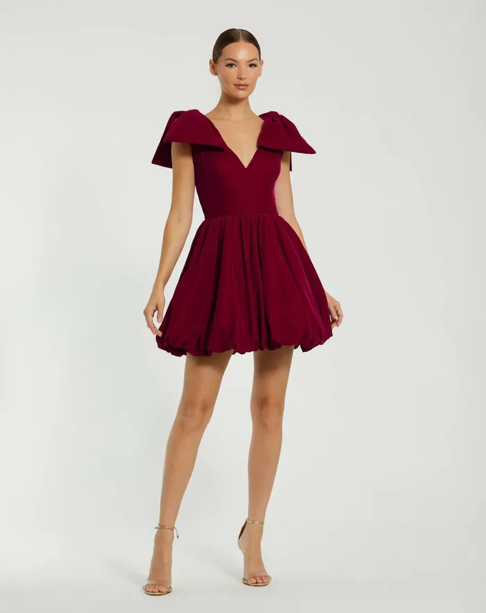 Best Sellers Mac Duggal Women Shoulder Bow Velvet Bubble Mini Dress Berry
