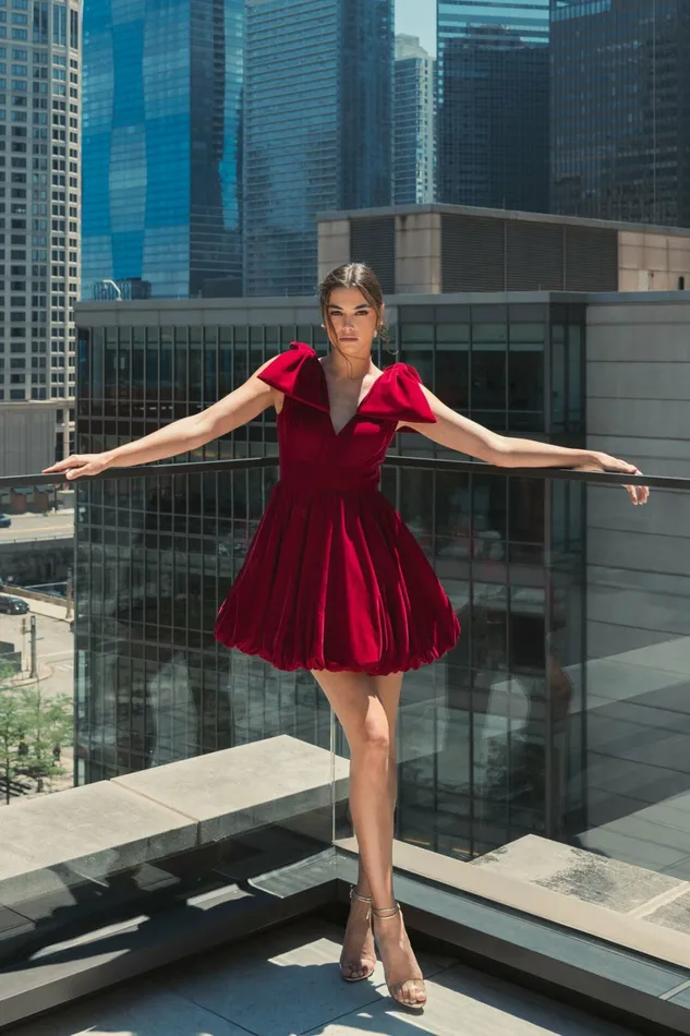 Best Sellers Mac Duggal Women Shoulder Bow Velvet Bubble Mini Dress Berry
