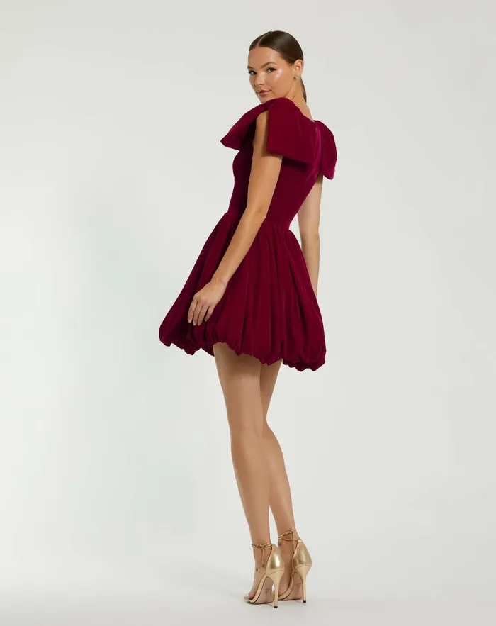 Best Sellers Mac Duggal Women Shoulder Bow Velvet Bubble Mini Dress Berry