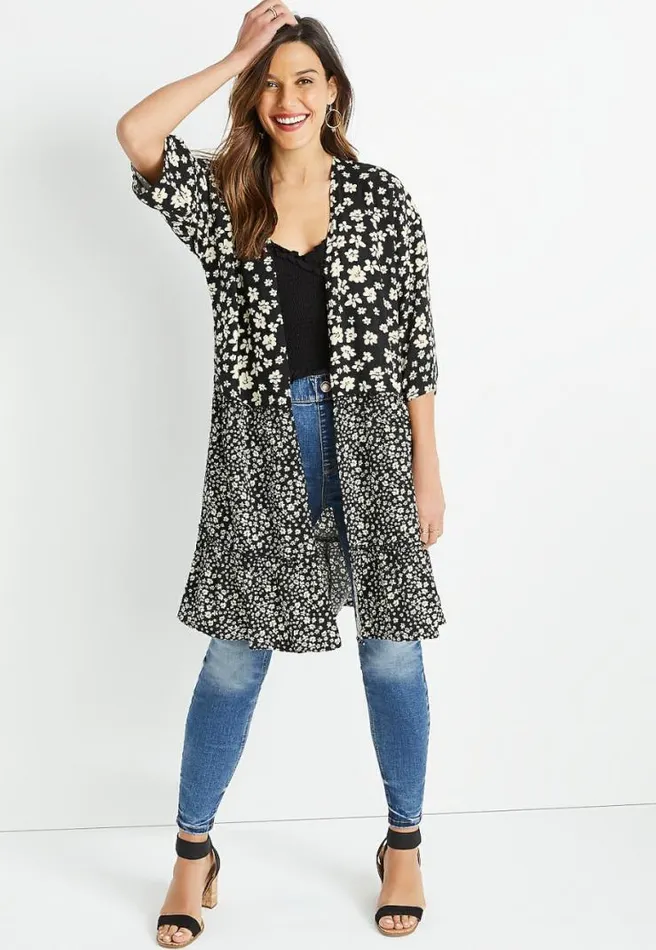 Black Daisy Tiered Kimono Women Maurices Tops