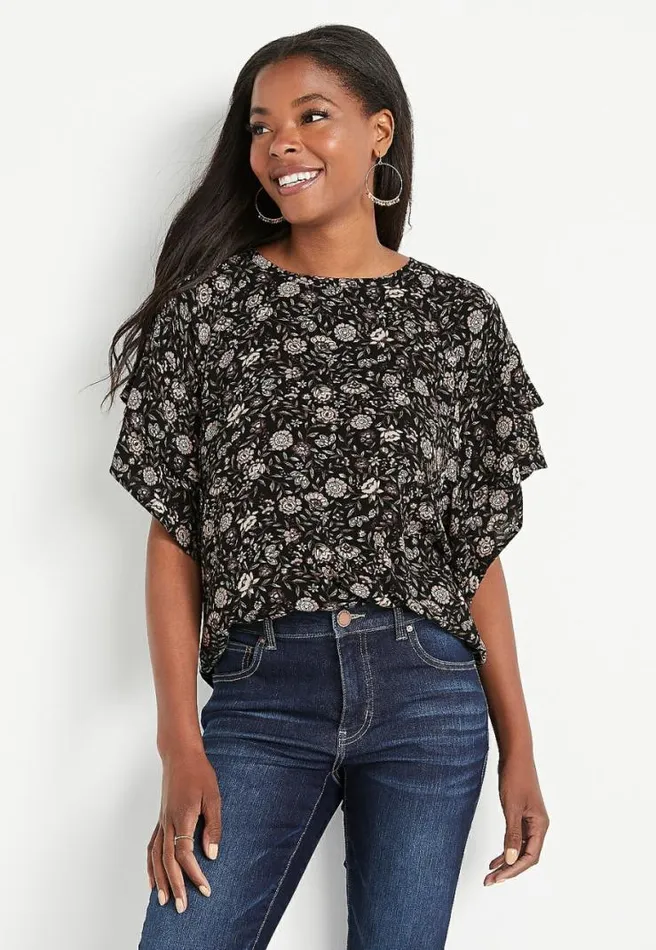 Black Floral Flutter Sleeve Top Women Maurices Tops