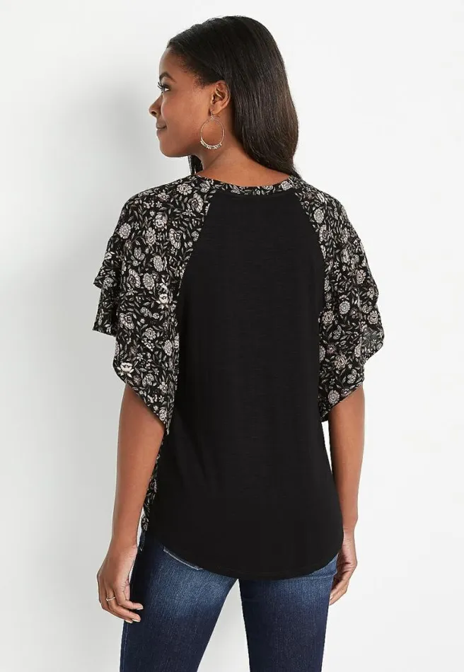 Black Floral Flutter Sleeve Top Women Maurices Tops