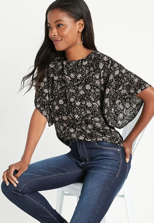 Black Floral Flutter Sleeve Top Women Maurices Tops