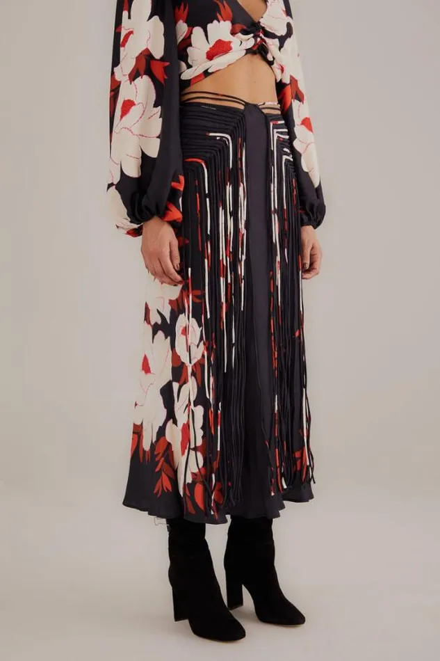 Black Peony Fringe Midi Skirt Women FARM Rio Skirts
