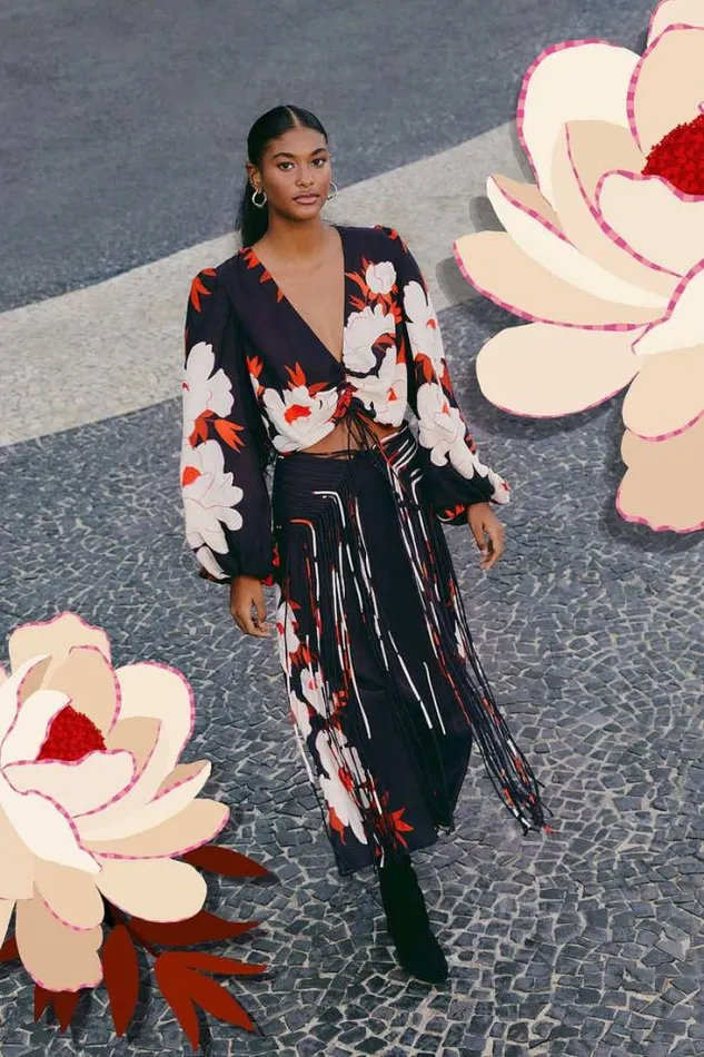 Black Peony Fringe Midi Skirt Women FARM Rio Skirts