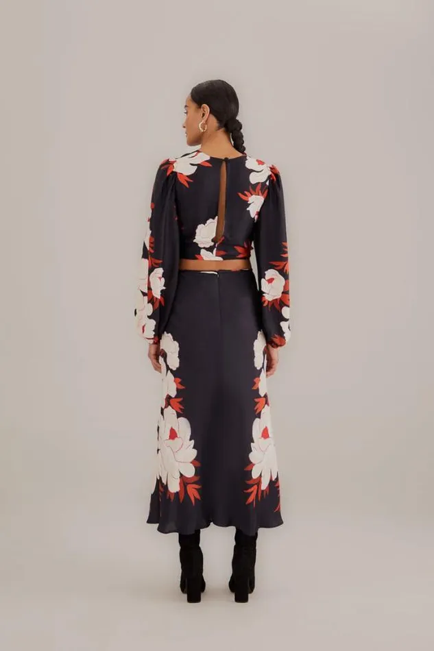 Black Peony Fringe Midi Skirt Women FARM Rio Skirts