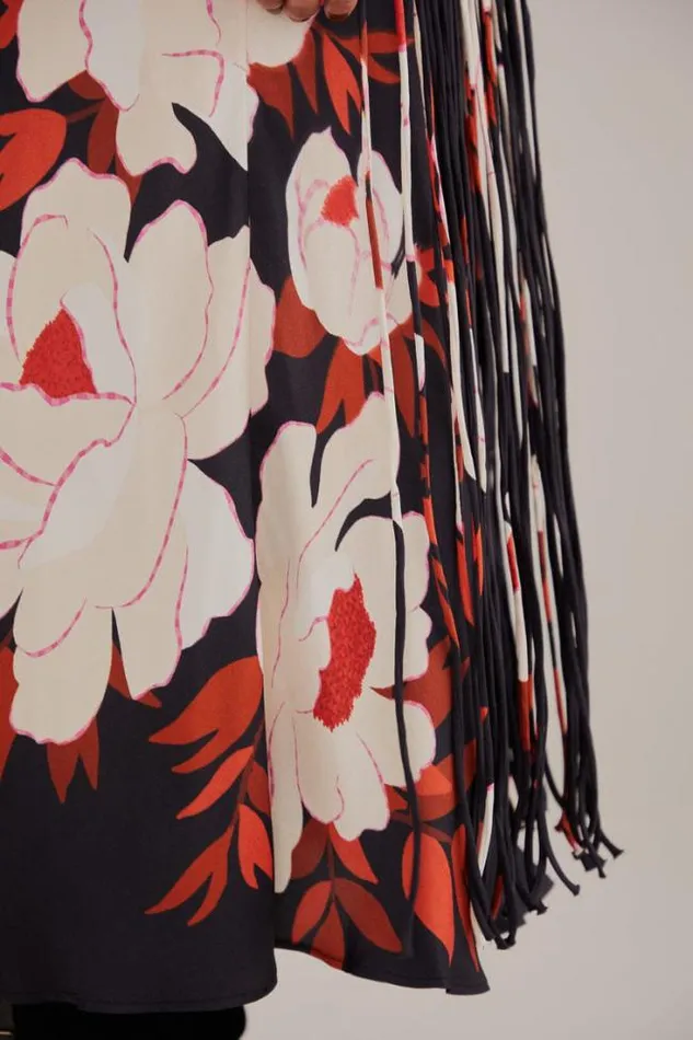 Black Peony Fringe Midi Skirt Women FARM Rio Skirts