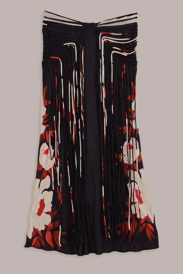 Black Peony Fringe Midi Skirt Women FARM Rio Skirts