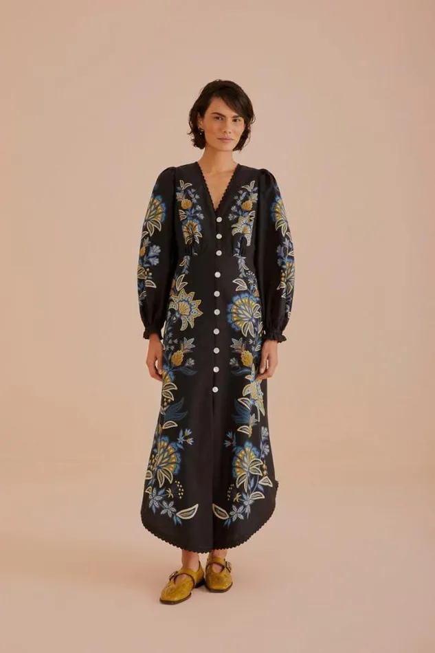 Black Stitched Garden Organic Cotton Midi Dress Women FARM Rio Midi Dresses