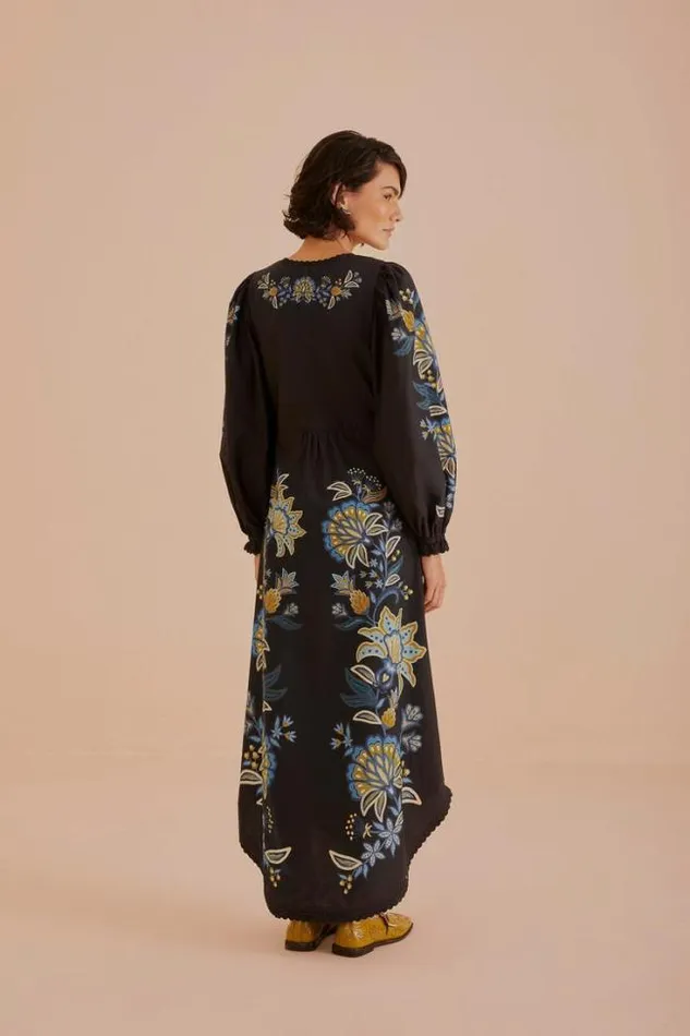Black Stitched Garden Organic Cotton Midi Dress Women FARM Rio Midi Dresses
