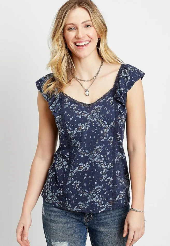 Blue Flutter Sleeve Floral Tank Top Women Maurices Tops