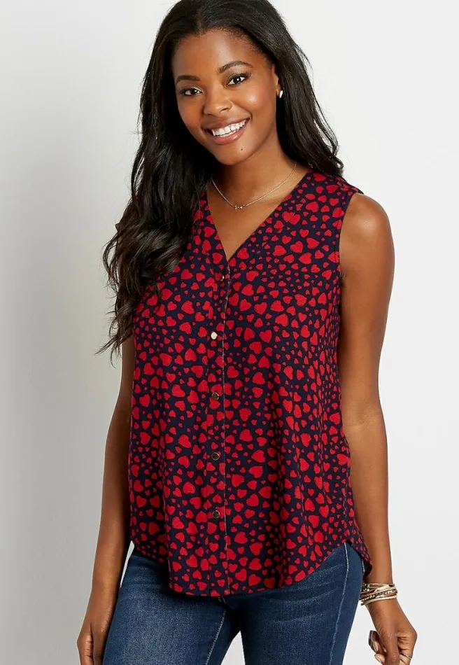 Blue Heart Print Button Down Tank Top Women Maurices Tops