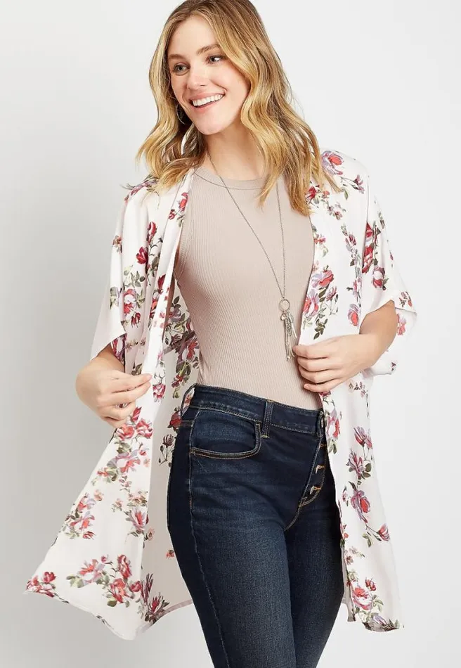 Blush Floral Shirred Back Kimono Women Maurices Tops