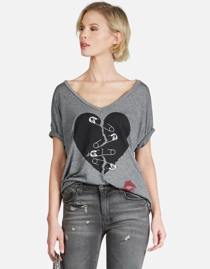 Brixton Safety Pin Heart Heather Grey Women Lauren Moshi Short Sleeve