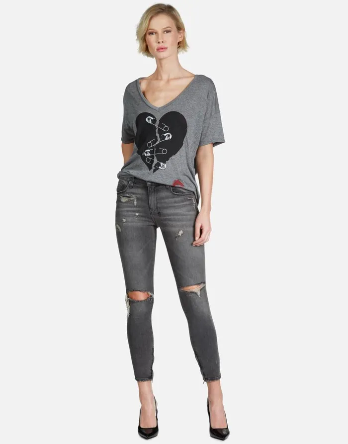 Brixton Safety Pin Heart Heather Grey Women Lauren Moshi Short Sleeve