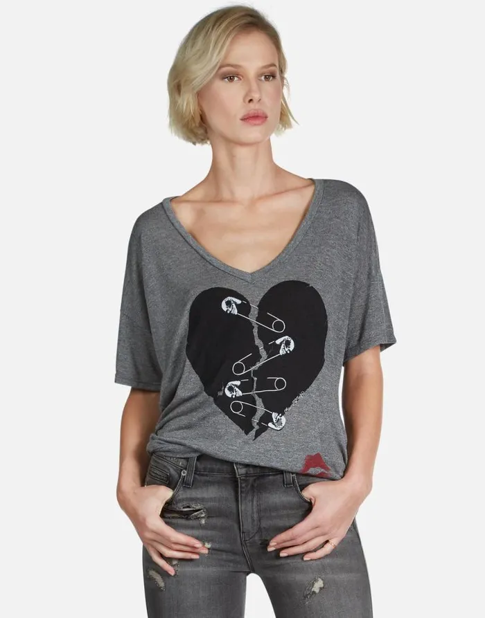 Brixton Safety Pin Heart Heather Grey Women Lauren Moshi Short Sleeve