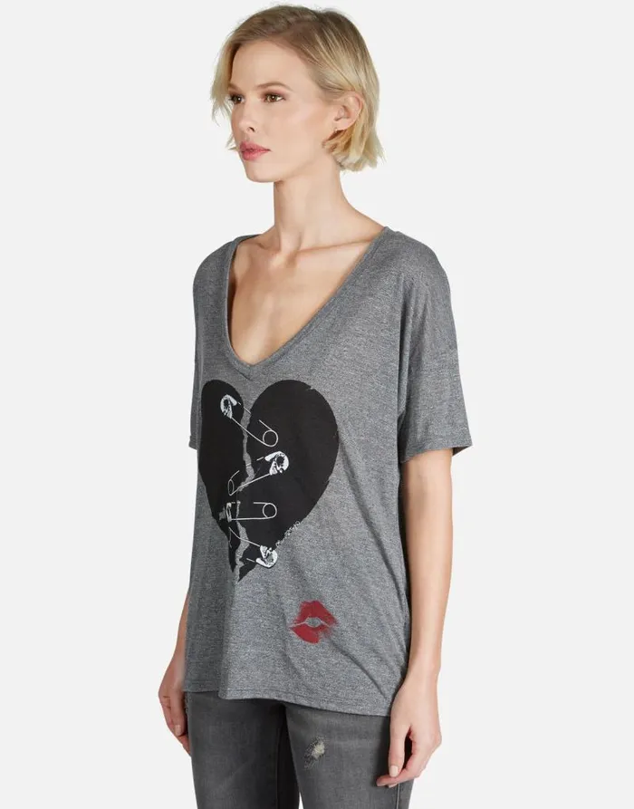 Brixton Safety Pin Heart Heather Grey Women Lauren Moshi Short Sleeve