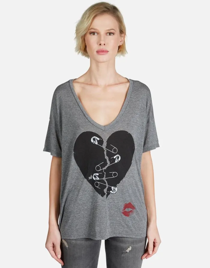 Brixton Safety Pin Heart Heather Grey Women Lauren Moshi Short Sleeve