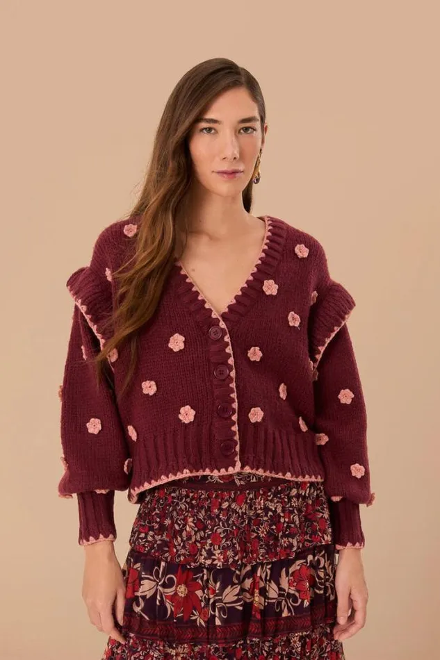 Burgundy Crochet Flowers Knit Cardigan Women FARM Rio Cardigans