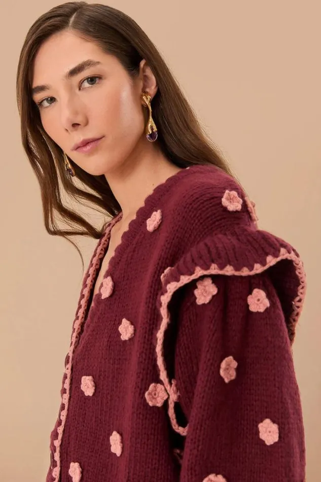 Burgundy Crochet Flowers Knit Cardigan Women FARM Rio Cardigans