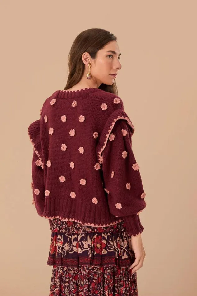 Burgundy Crochet Flowers Knit Cardigan Women FARM Rio Cardigans