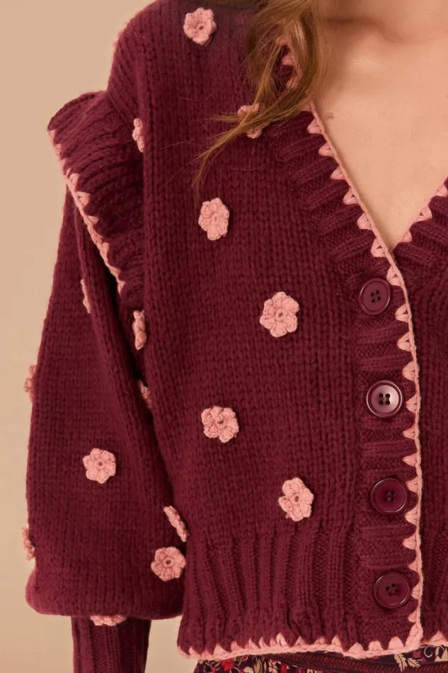 Burgundy Crochet Flowers Knit Cardigan Women FARM Rio Cardigans