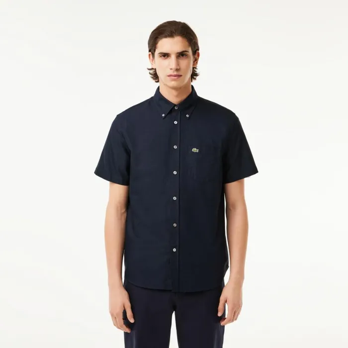 Button Down Shirts Men Lacoste Men039s Regular Fit Short Sleeve Oxford Shirt Navy Blue F2w