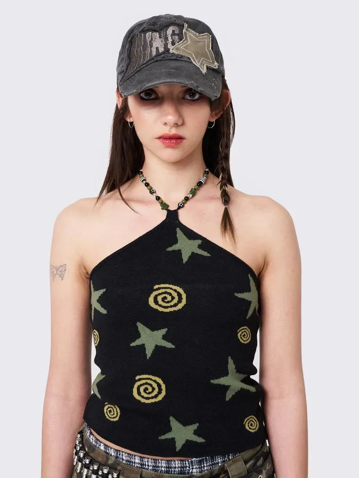Celestial Swirl Beaded Halter Top Women Minga London Tops and TShirts