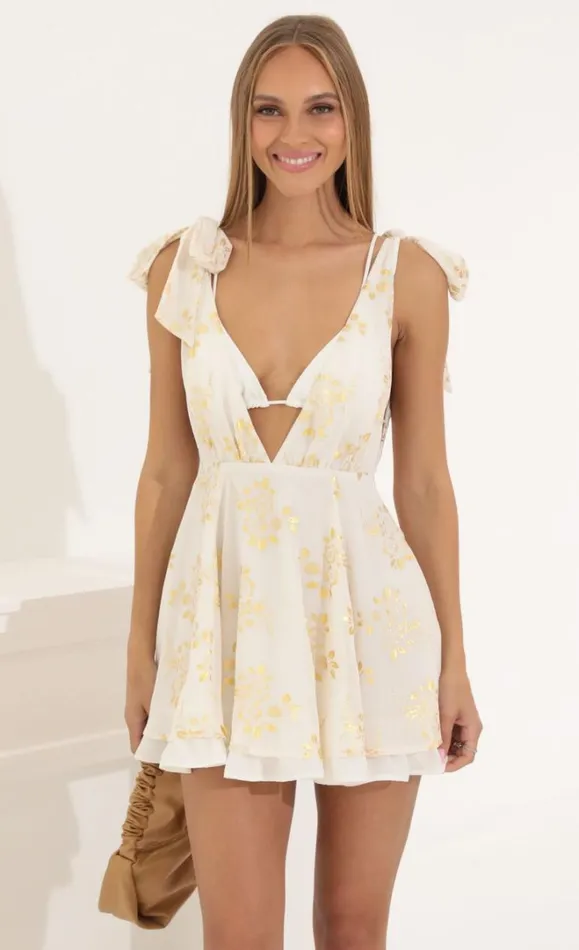 Chiffon Fit And Flare Dress Gold Foil Women LUCY IN THE SKY Mini Dresses