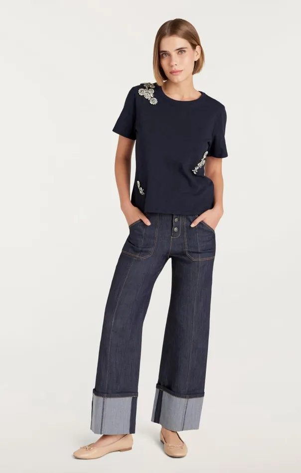 Cinq Sept Crystal Chrysanthemum Shrunken Tee Navy Women Tees
