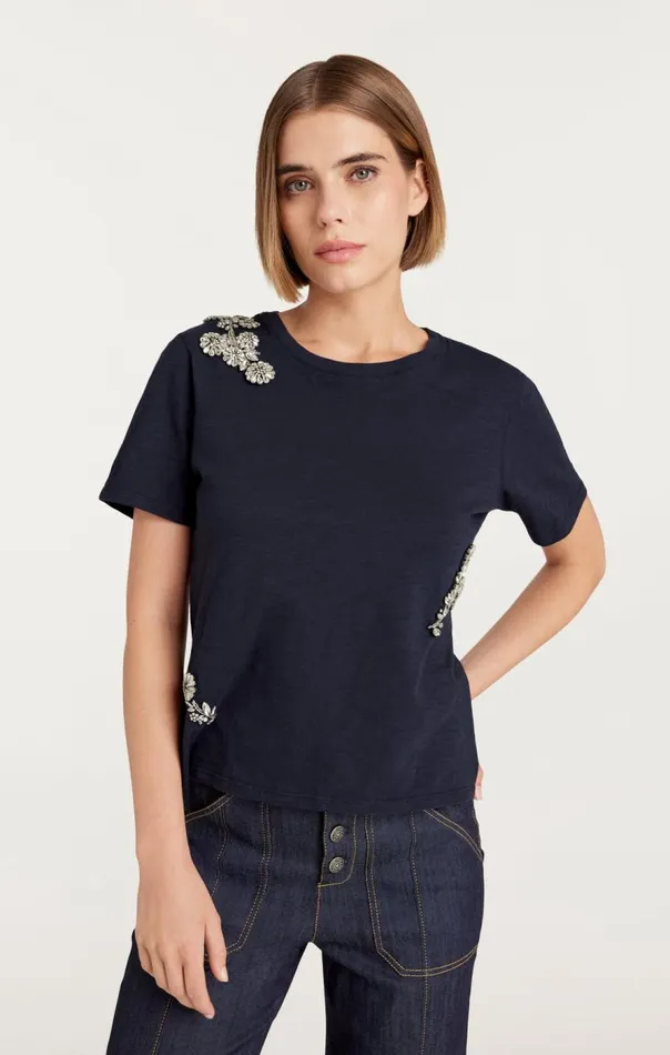 Cinq Sept Crystal Chrysanthemum Shrunken Tee Navy Women Tees