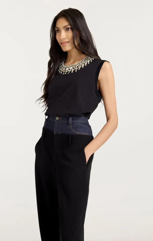 Cinq Sept Pearl Necklace Brielle Tee Black Women Tees