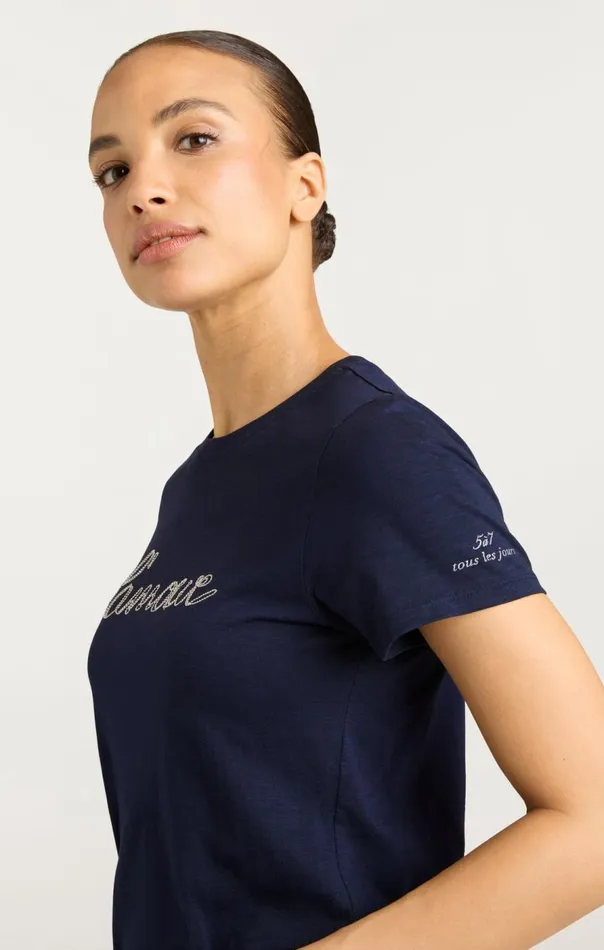 Cinq Sept Silver Chain L039amour Shrunken Tee Navywhite Women Tees