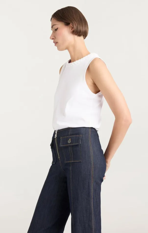 Cinq Sept Sleeveless Braided Tee White Women Tank Tops and Camisoles
