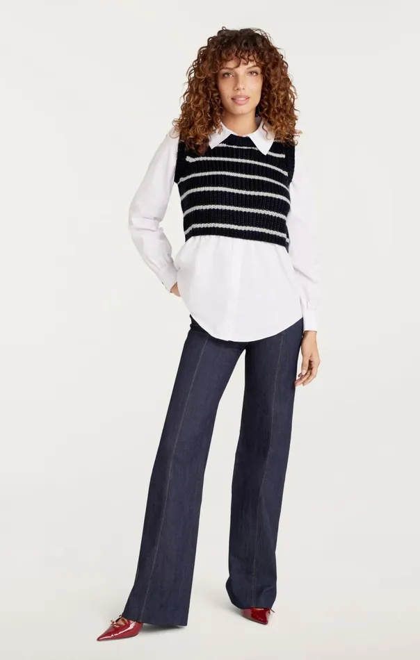 Cinq Sept Striped Mara Shaker Pullover Navyivory Women Sweaters and Knits