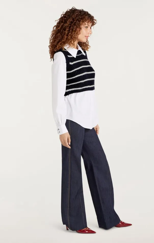 Cinq Sept Striped Mara Shaker Pullover Navyivory Women Sweaters and Knits