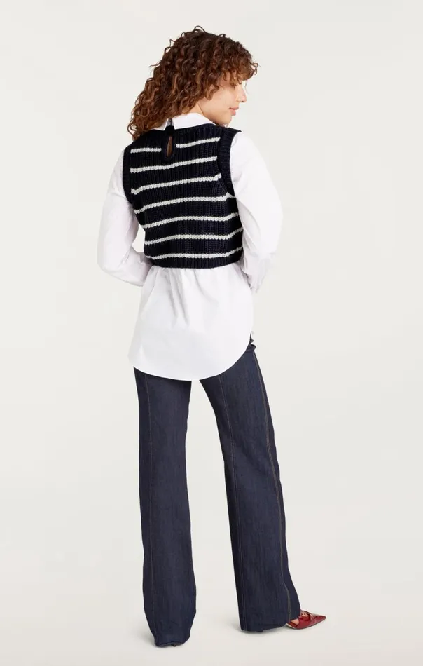 Cinq Sept Striped Mara Shaker Pullover Navyivory Women Sweaters and Knits