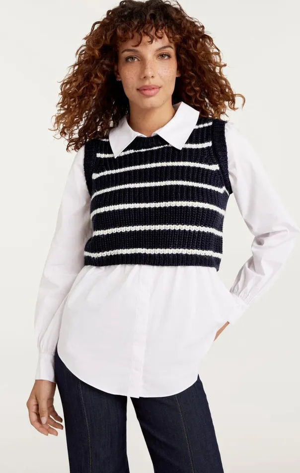 Cinq Sept Striped Mara Shaker Pullover Navyivory Women Sweaters and Knits